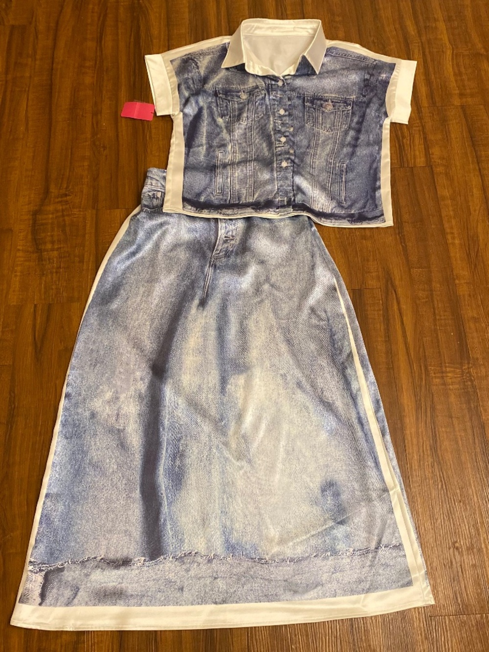 New Faux Denim Satin Two Piece Skirt Set